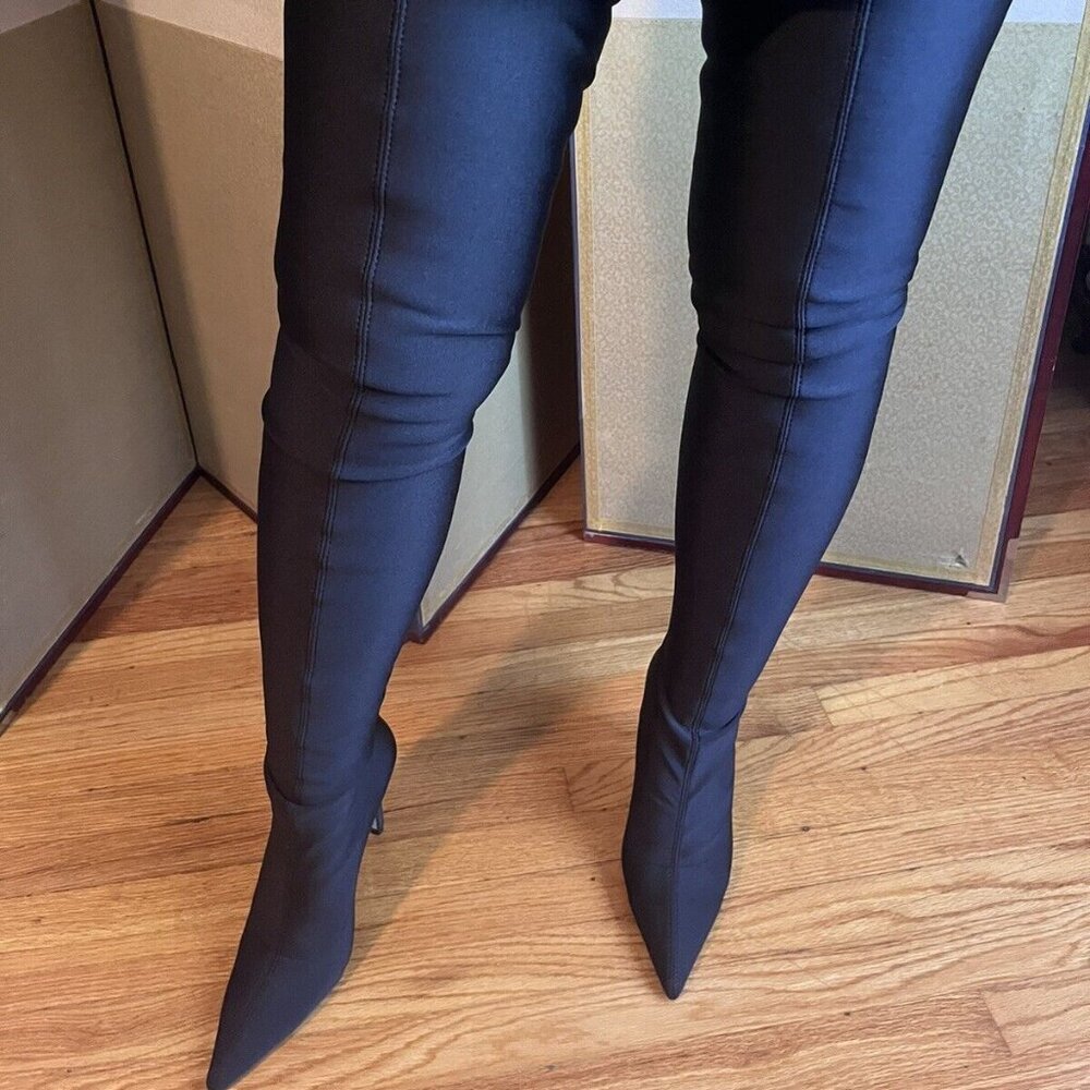 👠 👢 STUART WEITZMAN BLACK STRETCH SATIN HIGH BOOT SIZE 8 - Picture 5 of 16